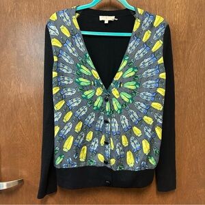 Tory Burch Scarab Beetle Silk Panel Sweater Cardigan XL merino wool RARE HTF